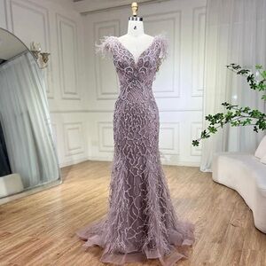 Elegant Beaded Prom/Evening gown with Feathers BRAND NEW